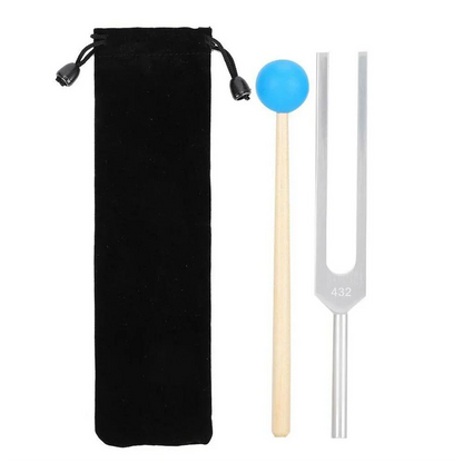 Silver a432 hz tuning fork with wooden handle and blue rubber mallet in black velvet pouch made of high-quality materials