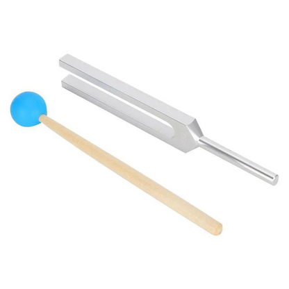 Silver a432 hz tuning fork with wooden handle and blue rubber mallet made from high-quality materials for sound healing