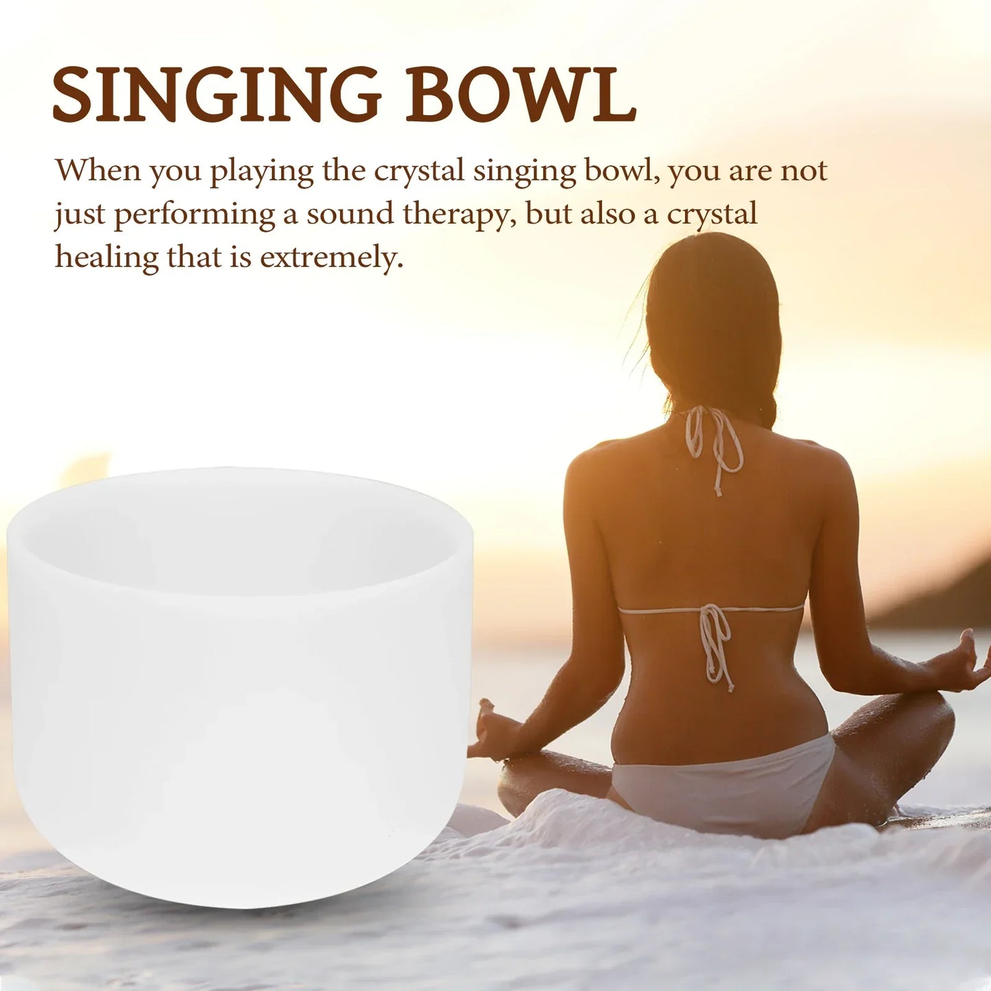 A translucent white 440hz crystal struck bowl used for ritual music therapy yoga meditation and percussion instruments