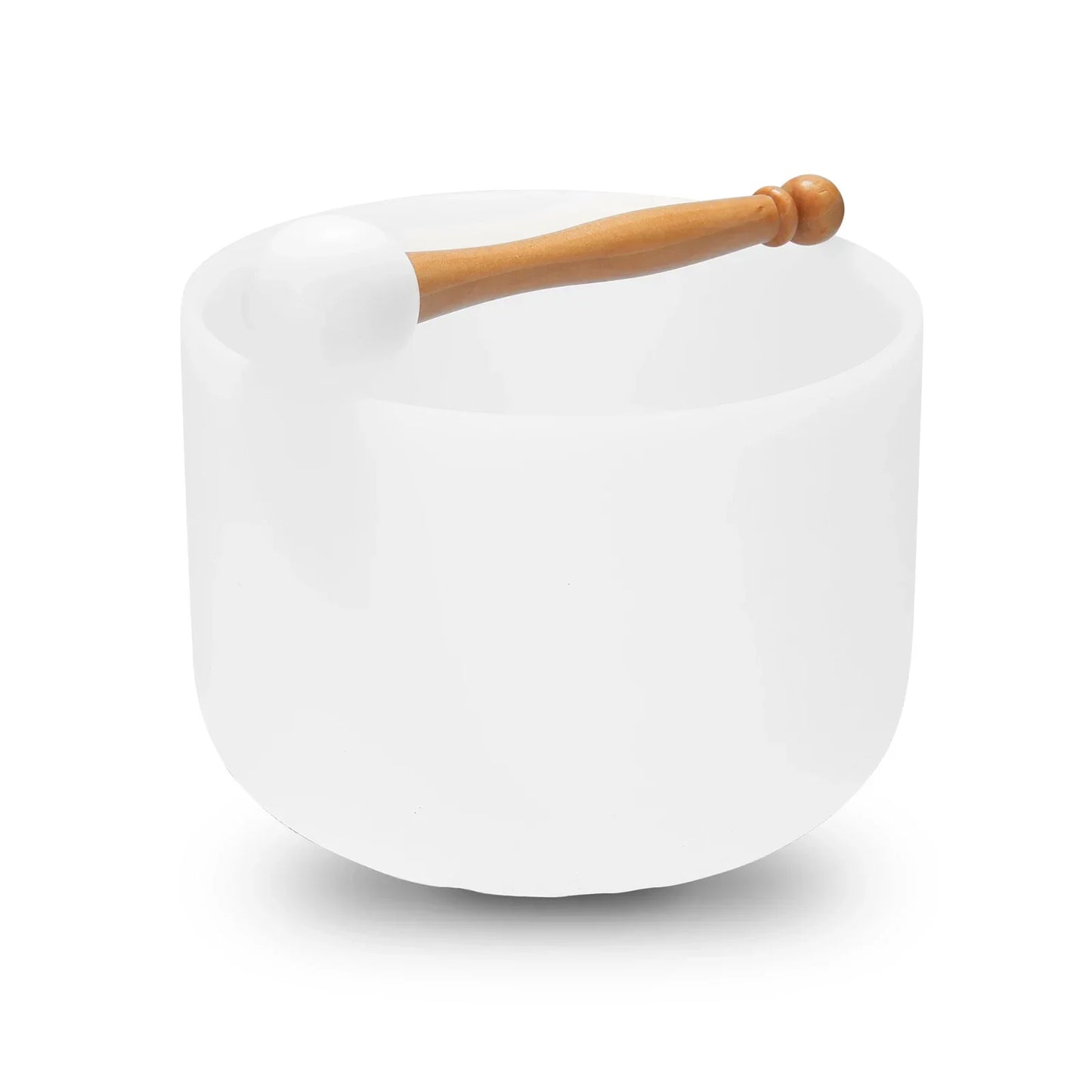 White ceramic 440hz crystal struck bowl with light brown wooden mallet for therapy yoga meditation and ritual use