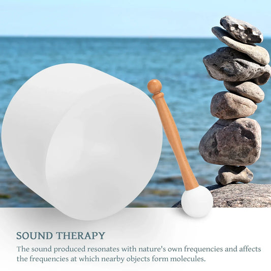 White ceramic 440hz crystal struck bowl with wooden handle and mallet for therapy yoga meditation and ritual use