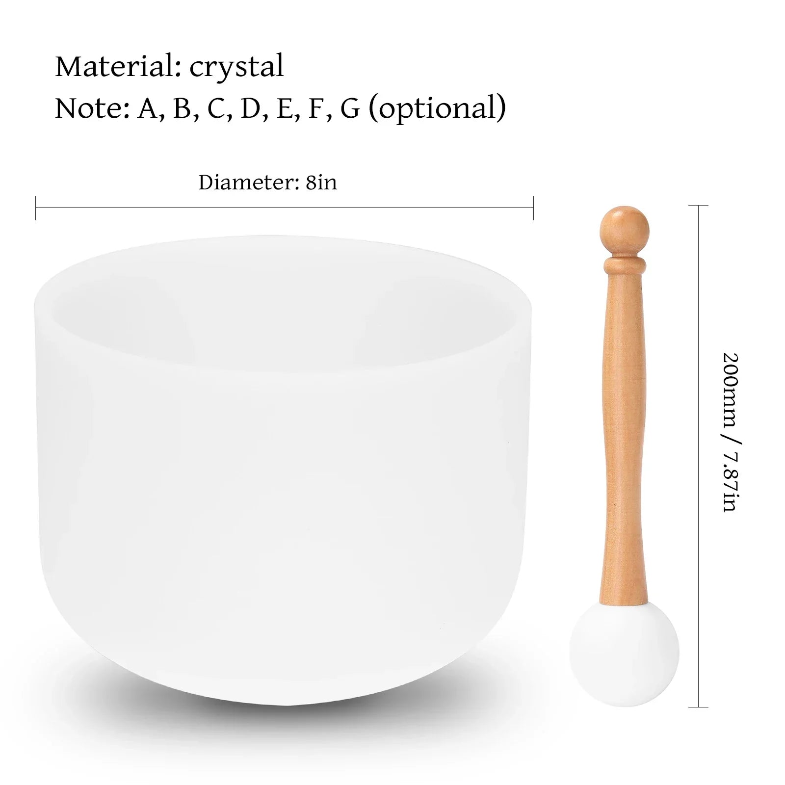 A white 440hz crystal struck bowl with wooden mallet for ritual music therapy yoga meditation percussion instruments