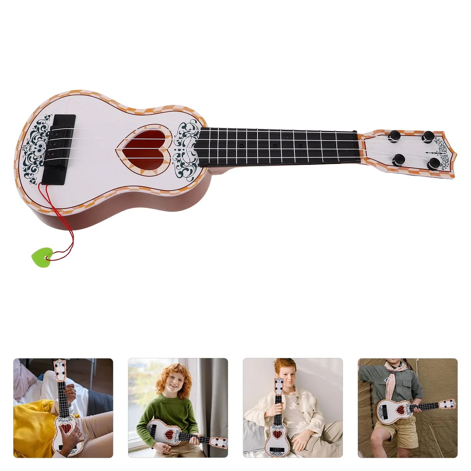 White 44cm beginner classical ukulele with heart-shaped soundhole and floral detailing musical instrument toy for kids