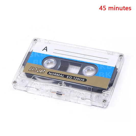 Clear plastic standard cassette with blue and gold bkb label for 45 minutes magnetic audio speech music recording
