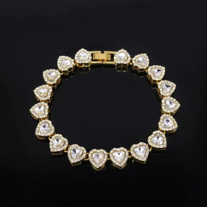 Gold-toned heart-shaped tennis chain bracelet with shiny heart rhinestone crystals for rock party jewelry fashion