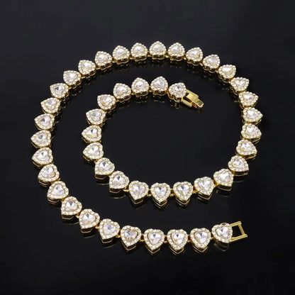 Gold-toned heart-shaped tennis chain bracelet with clear cubic zirconia stones shiny heart rhinestone rock party jewelry