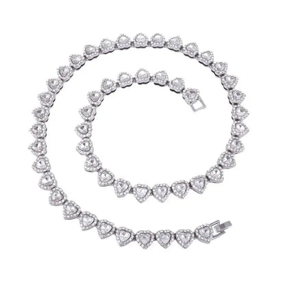 Silver heart-shaped tennis chain bracelet necklace with shiny heart rhinestone crystals and metallic clasp for rock party jewelry