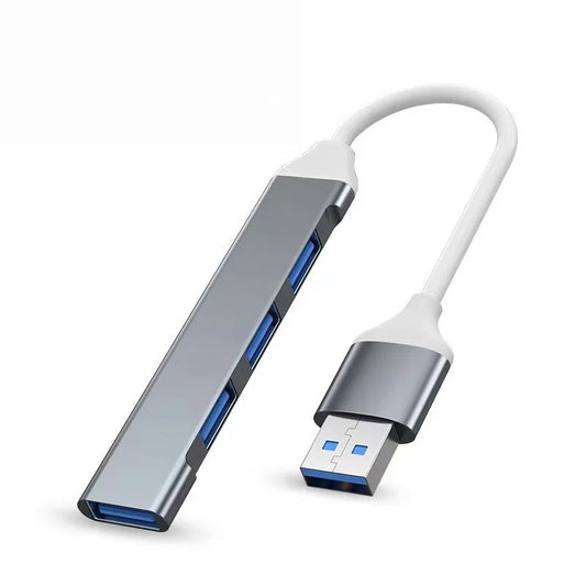 Silver usb dock with four blue usb 3.0 ports and white cable wire divider high speed transmission drag four expanders