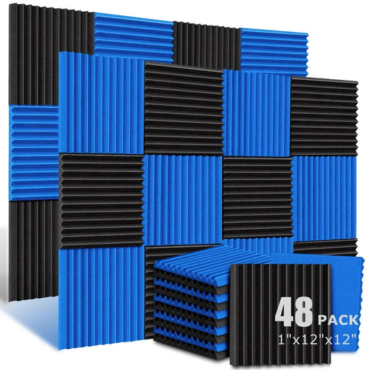 Blue and black ribbed acoustic foam panels arranged in a checkered pattern for soundproofing wedge tiles and studio use