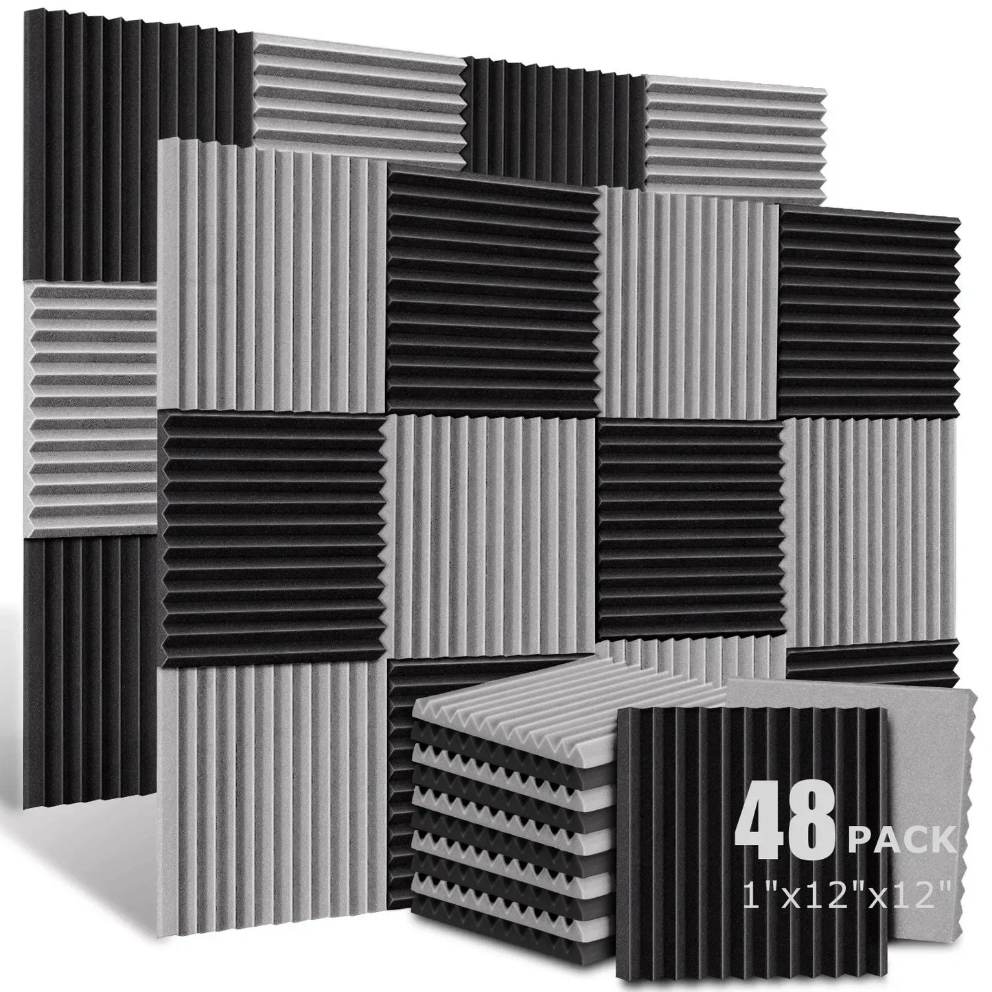 Black and gray ribbed acoustic foam panels 48 pack soundproofing wedge tiles for studio foam panel sound insulation