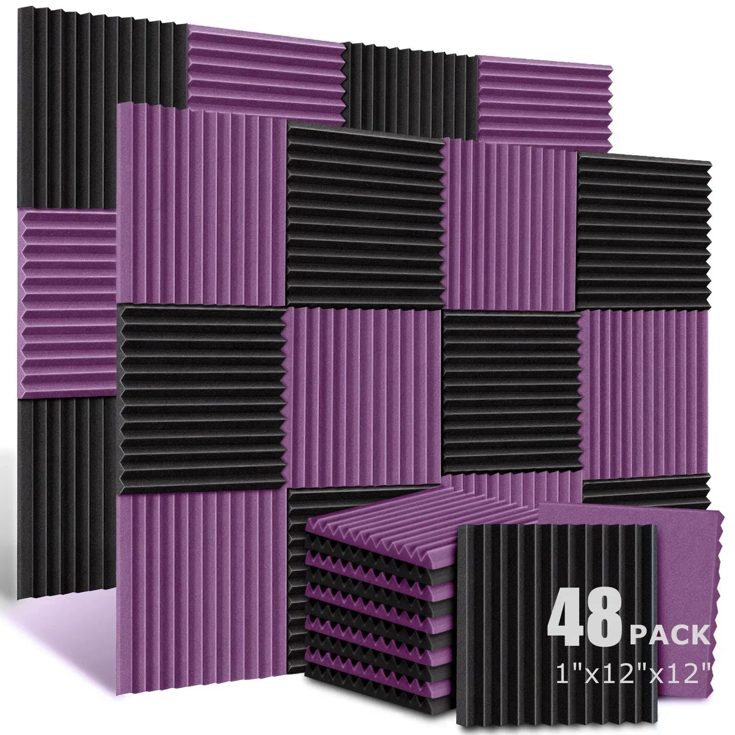 48-pack purple and black ribbed acoustic foam panels 1x12x12 inch soundproofing wedge tiles for studio use