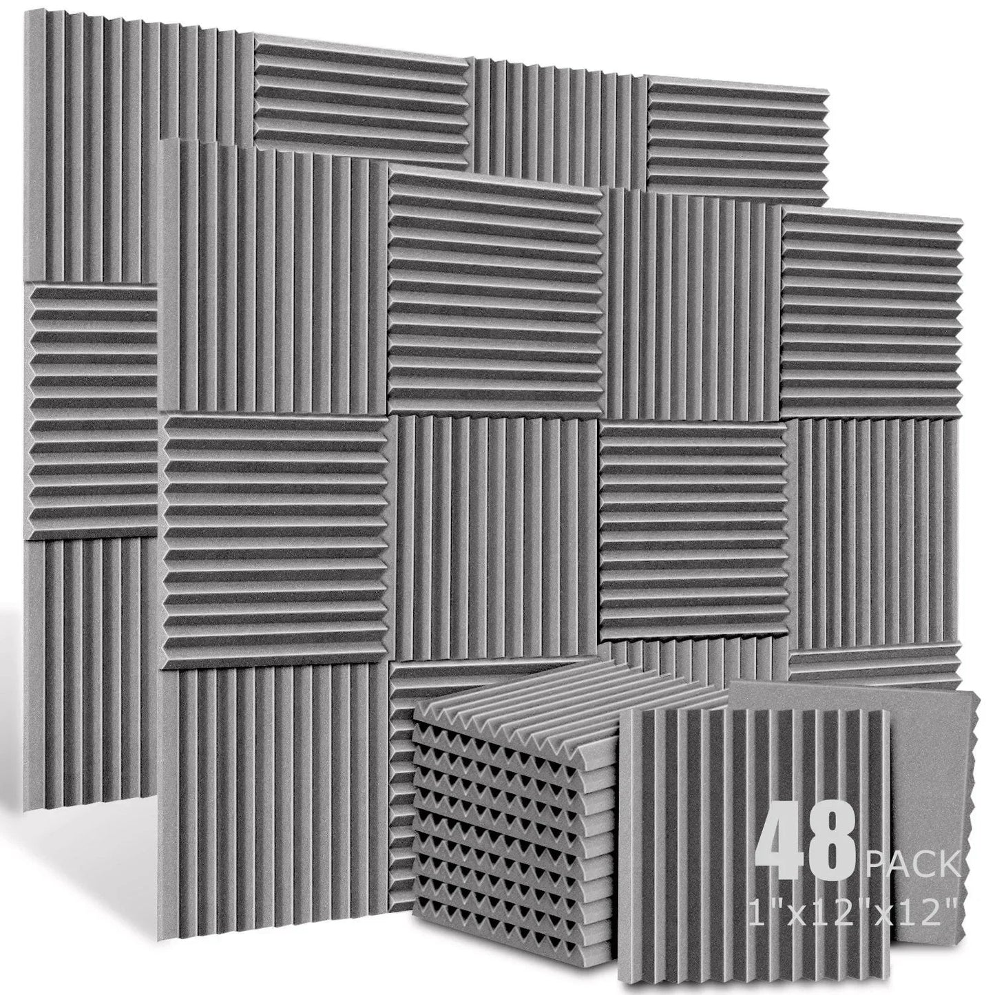 Gray acoustic foam panels with vertical ridges arranged in a grid pattern for soundproofing wedge tiles studio use