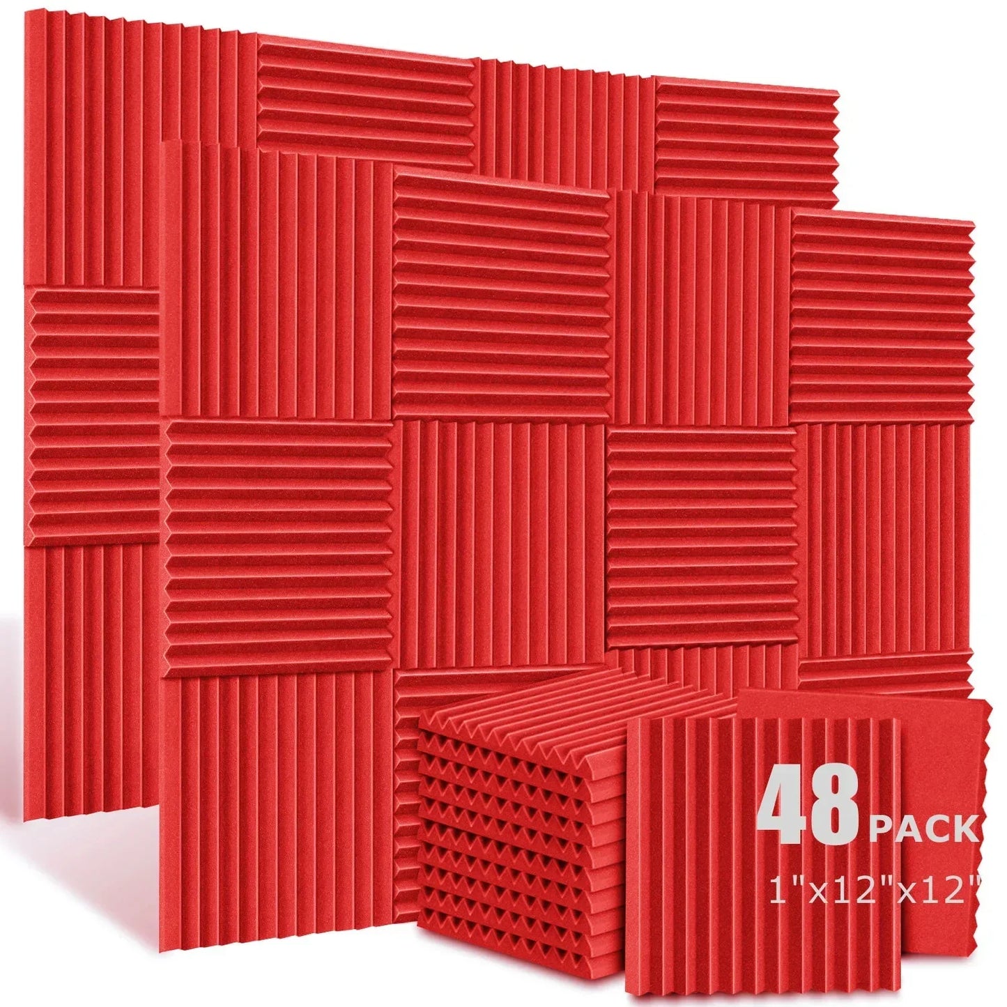 Red acoustic foam panels with vertical ridges arranged in a grid pattern for soundproofing wedge tiles and studio foam panels