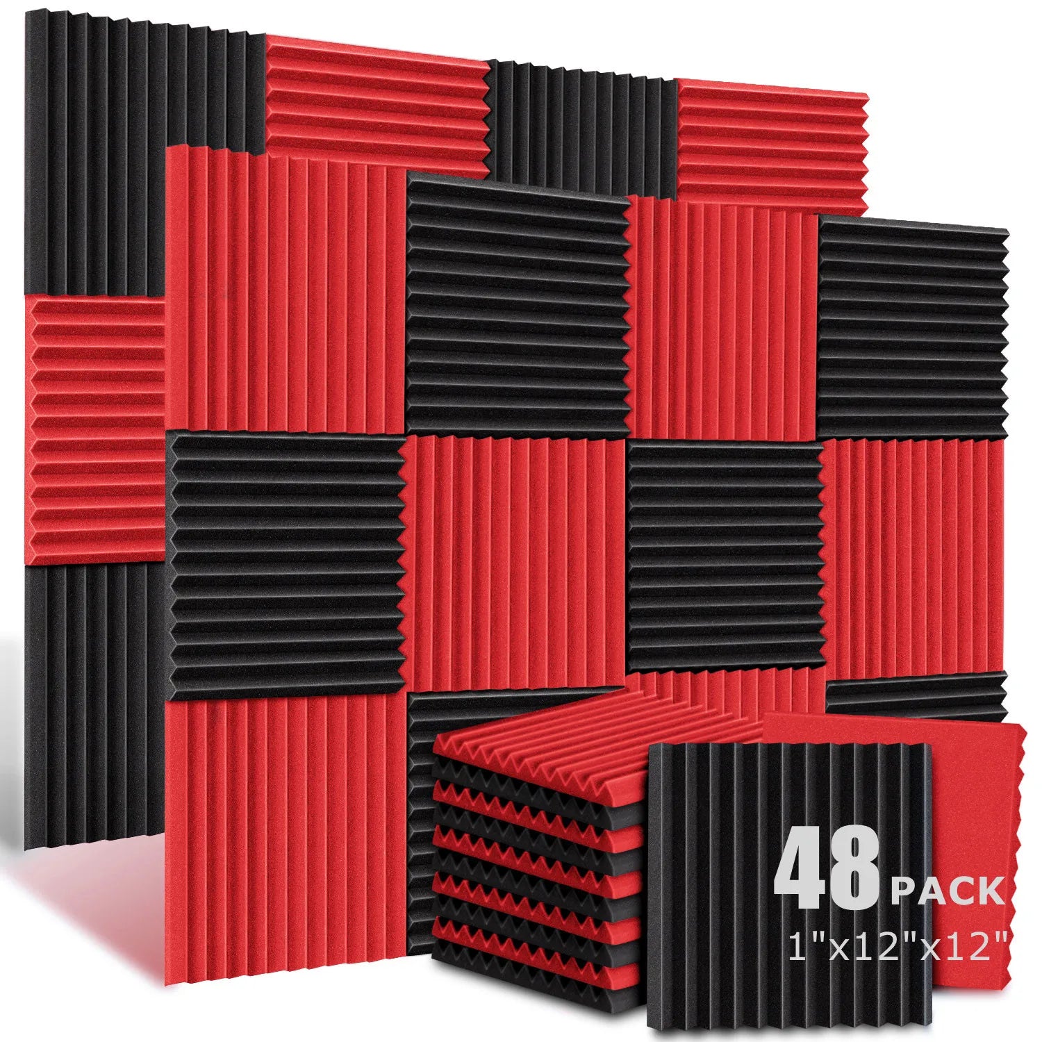 48-pack red and black ribbed acoustic foam panels for soundproofing wedge tiles and studio foam panels insulation treatment