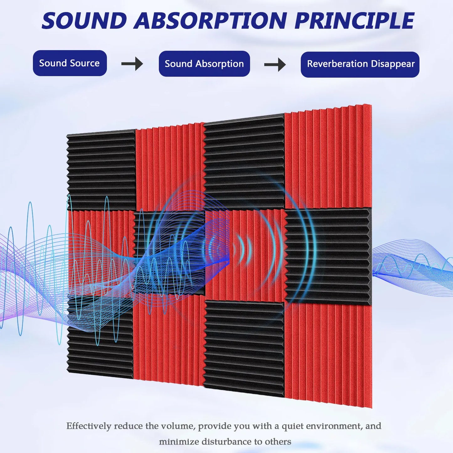 Red and black ribbed acoustic foam panels arranged in a grid pattern for soundproofing wedge tiles studio use