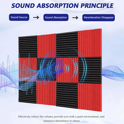 Red and black ribbed acoustic foam panels arranged in a grid pattern for soundproofing wedge tiles studio use