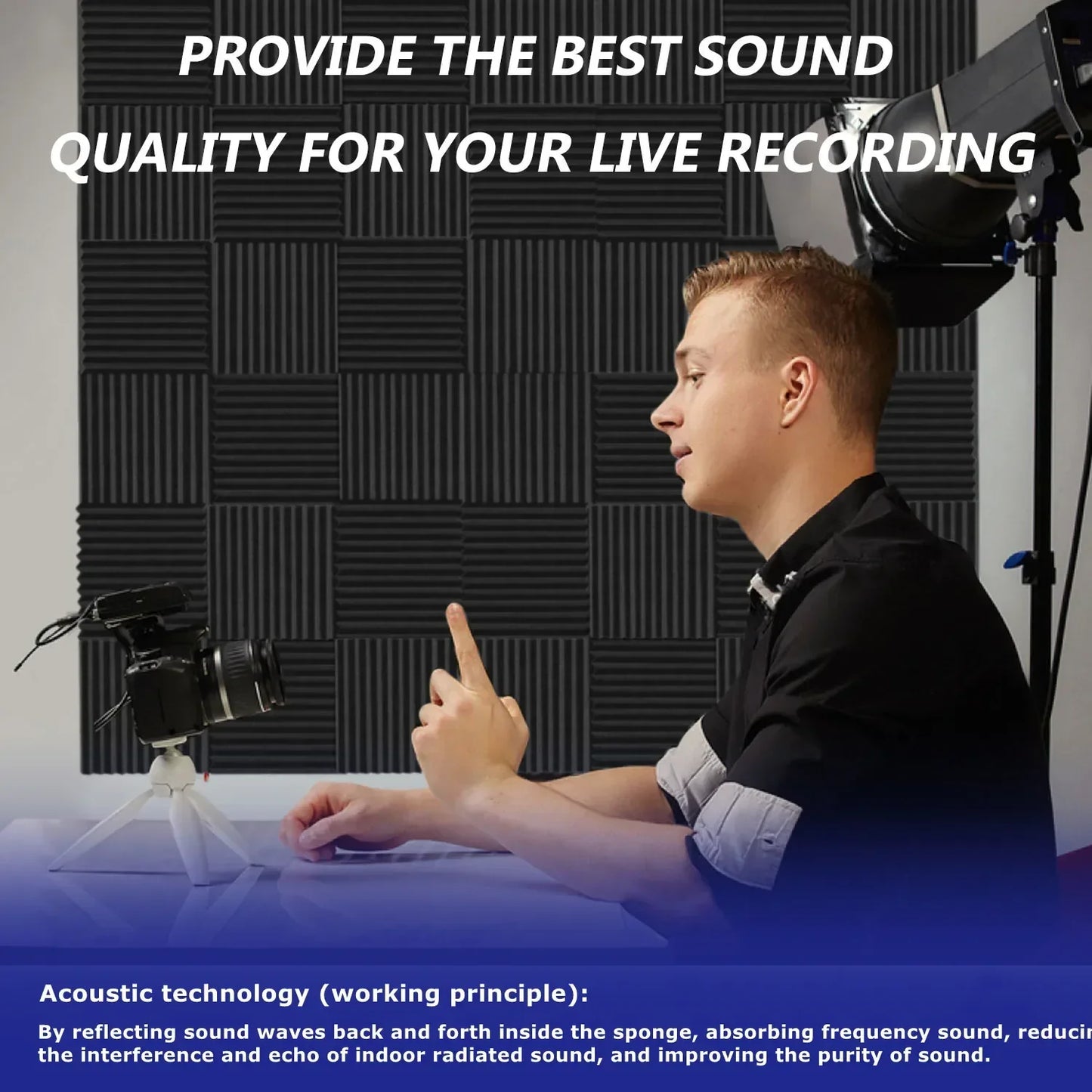 Black acoustic foam panels with vertical ridges used as soundproofing wedge tiles for studio foam panels treatment