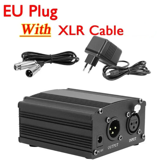 Black rectangular 48v phantom power amplifier with eu plug and xlr 3 pin microphone cable for condenser microphone use