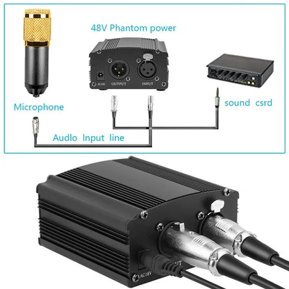 Black 48v phantom power supply with silver xlr connectors and heat-sink ridges for condenser microphone recording