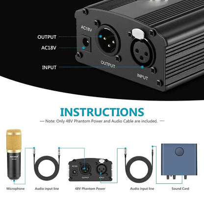 Black 48v phantom power supply with ribbed metal casing and labeled input output ports for condenser microphone use