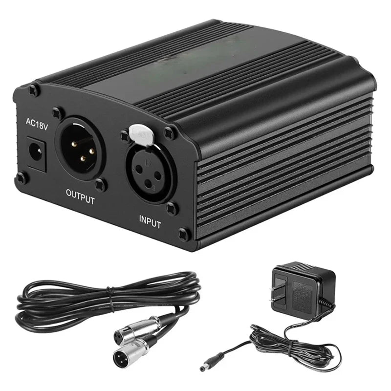 Black metal 48v phantom power supply with ac18v ports coiled cable and wall adapter for condenser microphone recording
