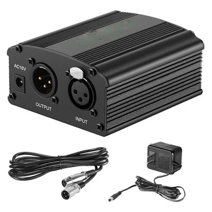 Black metal 48v phantom power supply with ac18v ports coiled cable and wall adapter for condenser microphone recording