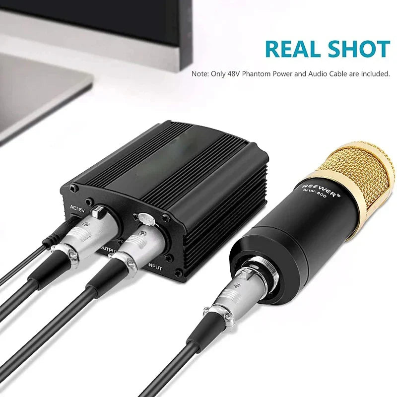 Black Neewer NW-800 condenser microphone with gold mesh grille and silver XLR connector for 48v phantom power use with pin microphone cable