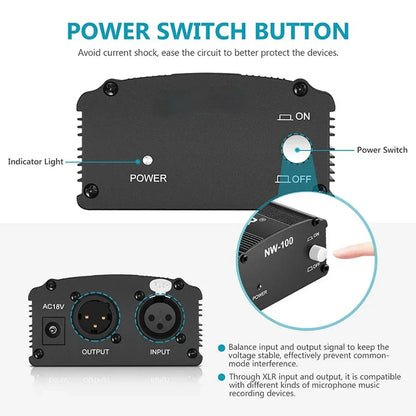 Black nw-100 power switch button with white rotary dial and indicator light on 48v phantom power supply for condenser microphone