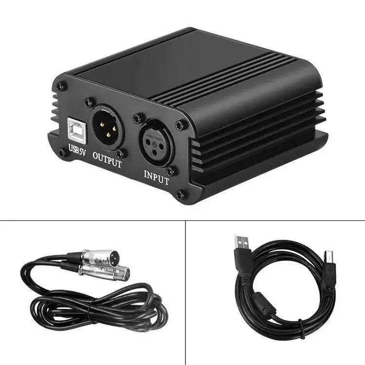 Black aluminum 48v phantom power supply with usb 2.0 and xlr ports includes pin microphone cable for condenser microphone use