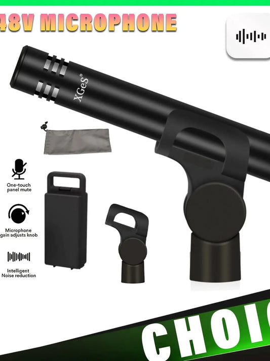 Black 48v wired microphone with sleek cylindrical body and three grille slots for professional studio condenser use in singing recording podcasting