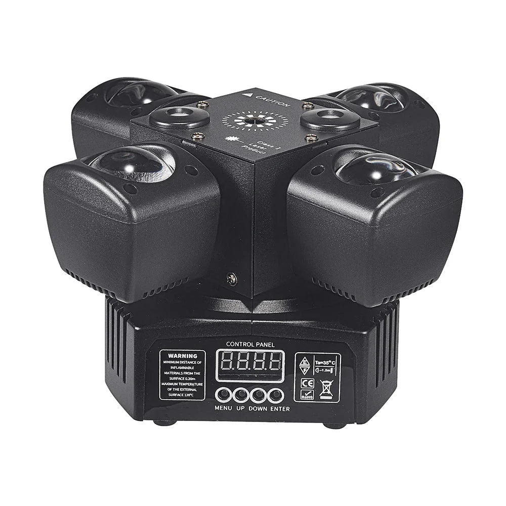 Black four-head rotating stage light with digital control panel and circular lens housings for 48w 4in1 dj moving arm party effect