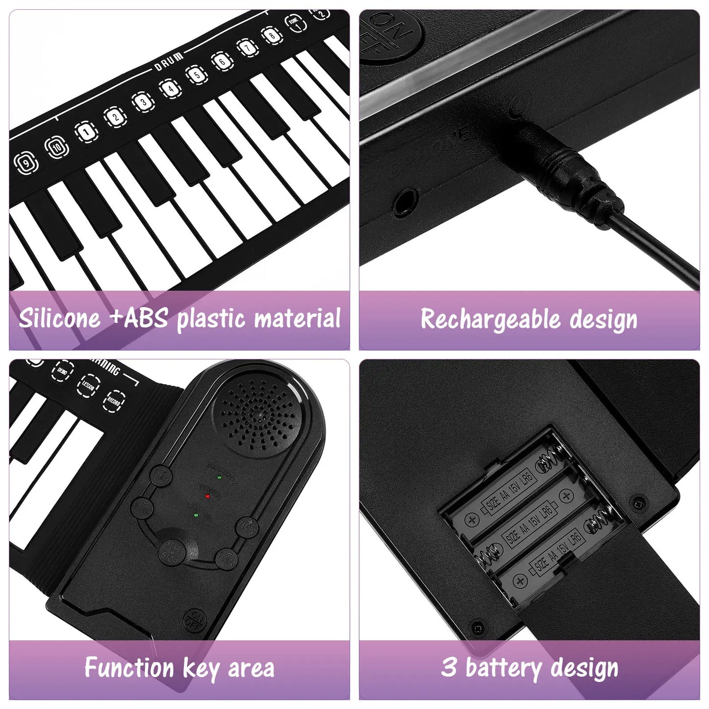 Black foldable 49 keys hand rolled piano portable electronic keyboard made of silicone and abs plastic with multiple timbres rhythm adjustment