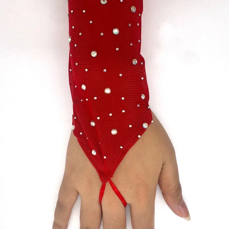 Red glittering mesh finger gloves with rhinestones and ribbon tie featuring elasticity for electronic music festival cosplay stage performance