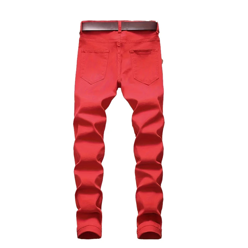 New Men Ripped Jeans Red Hip Hop Holes Slim Denim Pants Punk Streetwear Versatile Stretch Wash Solid Casual Slim Pencil Trousers