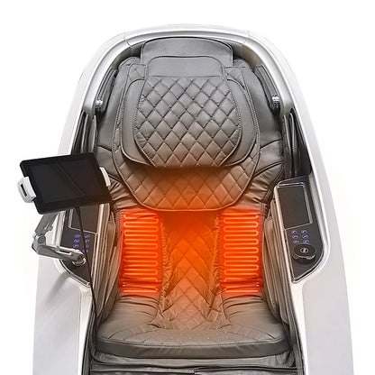 Gray quilted leather 4D AI music full body massage chair with glowing orange heating panels for zero gravity pedicure use