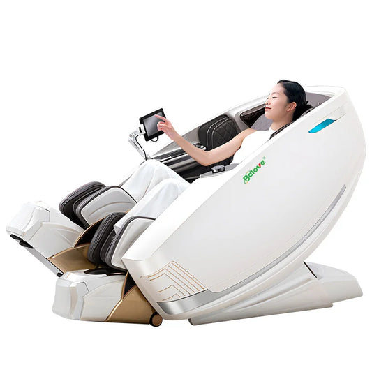 White and gold 4D AI music full body shiatsu massage chair with black cushioned seating and zero gravity design