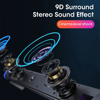 Black and gold 4d computer speaker bar with 9d surround stereo sound for macbook laptop and pc use
