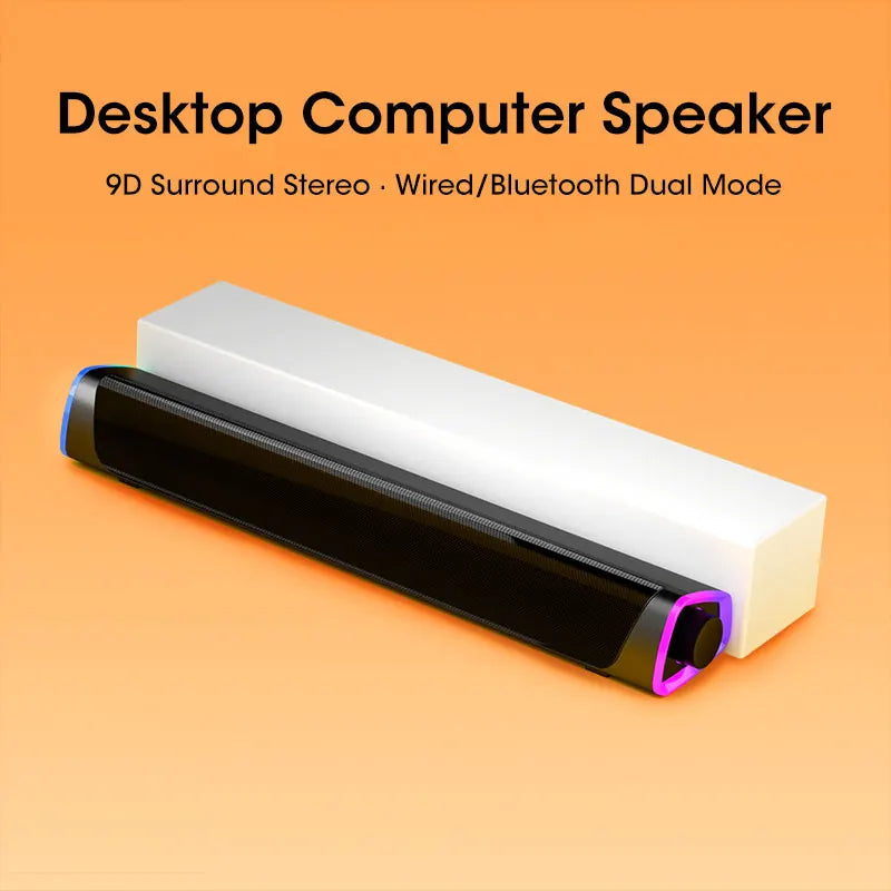 Black and white computer speaker bar with purple accent trim featuring stereo sound subwoofer bluetooth for laptop use