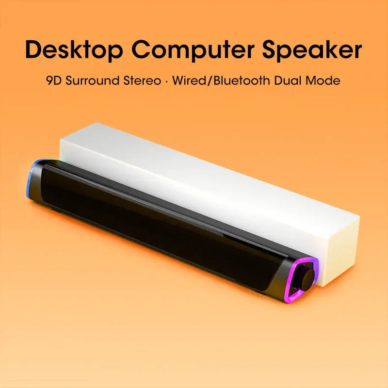 Black and white computer speaker bar with purple accent lighting featuring stereo sound subwoofer bluetooth for laptops