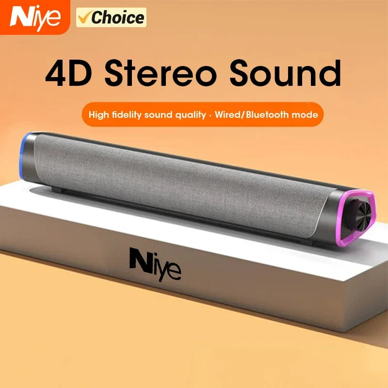 Gray niye 4d computer speaker bar with stereo sound subwoofer bluetooth and textured fabric finish with purple accents