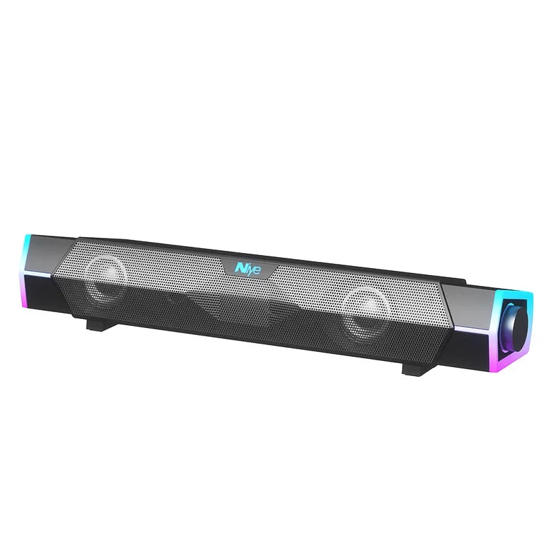 Black mie wired loudspeaker surround soundbar speaker stereo with mesh grille RGB lighting and visible circular drivers