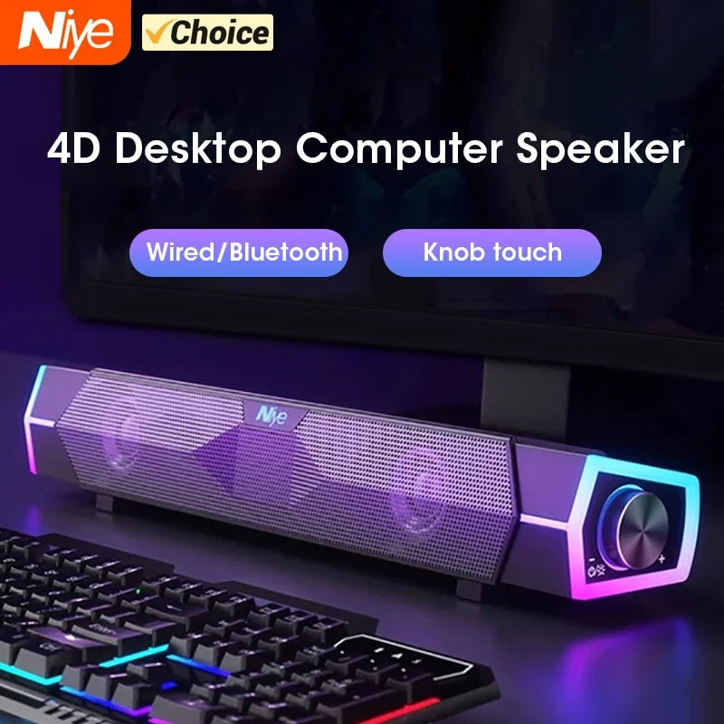 Niye 4d computer speaker with black and purple led lighting, knob touch control, wired loudspeaker surround and bluetooth