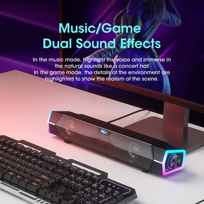 Black and silver mje 4d wired loudspeaker surround soundbar speaker stereo subwoofer with rgb lighting for pc use