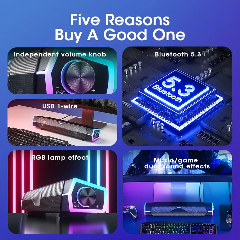 Black and silver 4D computer wired loudspeaker surround soundbar speaker stereo subwoofer with RGB lighting effects for PC