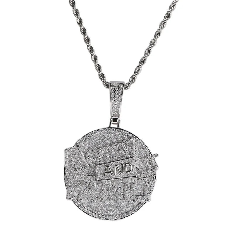 Hip Hop Round Coin Pave Crystal Money And Family Pendant With Iced Out Tennis Chain Necklace Choker For Men Rapper Jewelry