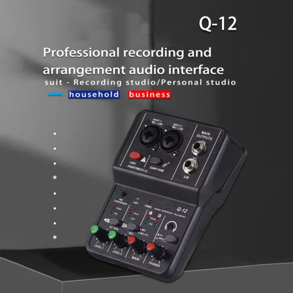 2 Channels Professional portable Audio Interface sound card console mini USB MIXER for Guitar Recording Studio Singing Q12