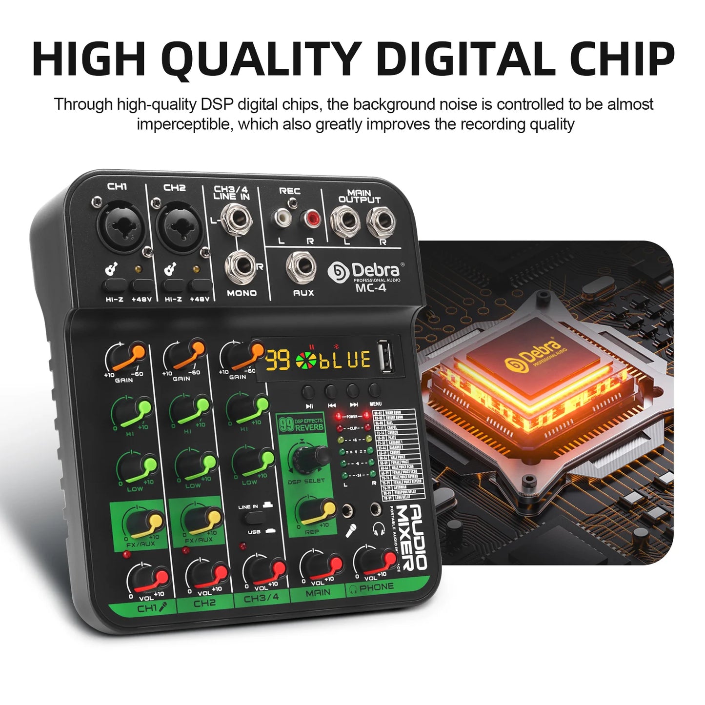 Debra MC4 Mixing Console, 99 DSP reverb effects, Bluetooth 5.0, 48V phantom power, ideal for DJ mixing and weddings