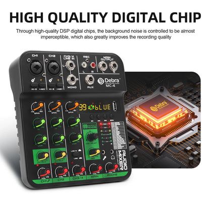 Debra MC4 Mixing Console, 99 DSP reverb effects, Bluetooth 5.0, 48V phantom power, ideal for DJ mixing and weddings