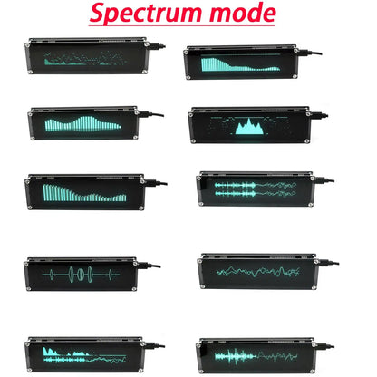 Black rectangular 4in1 vfd music spectrum display screen showing green audio waveforms as indicator vu meter for billboard car atmosphere