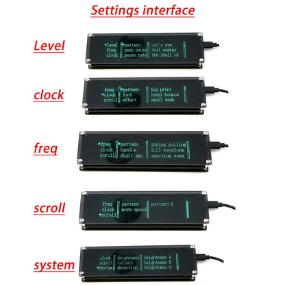 Black rectangular oled 4in1 vfd music display modules with green text showing indicator vu meter and billboard car atmosphere settings